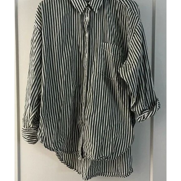 Maeve Anthropologie Shirt Womens L Striped Oversized Button Up Long Sleeve Green - Picture 6 of 6